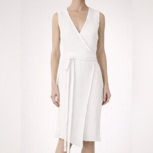 Milly V Neck Wrap Dress L Ribbed White Beach Vacation Cocktail Stretch Preppy